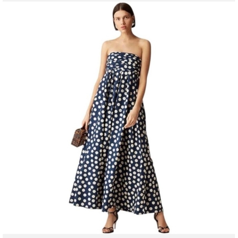 J.Crew Collection Navy Polka Dot Strapless Cotton Maxi Dress CK987 Size 20